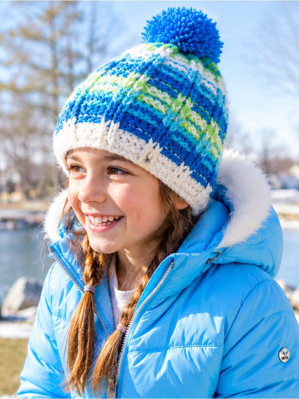 Spyder Bitsy Mosaic OS Children’s Beanie Hat NWT Hand Knit Pom Pom Blue Green